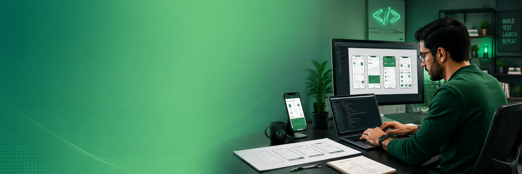 App developer working remotely on a laptop, green-themed banner