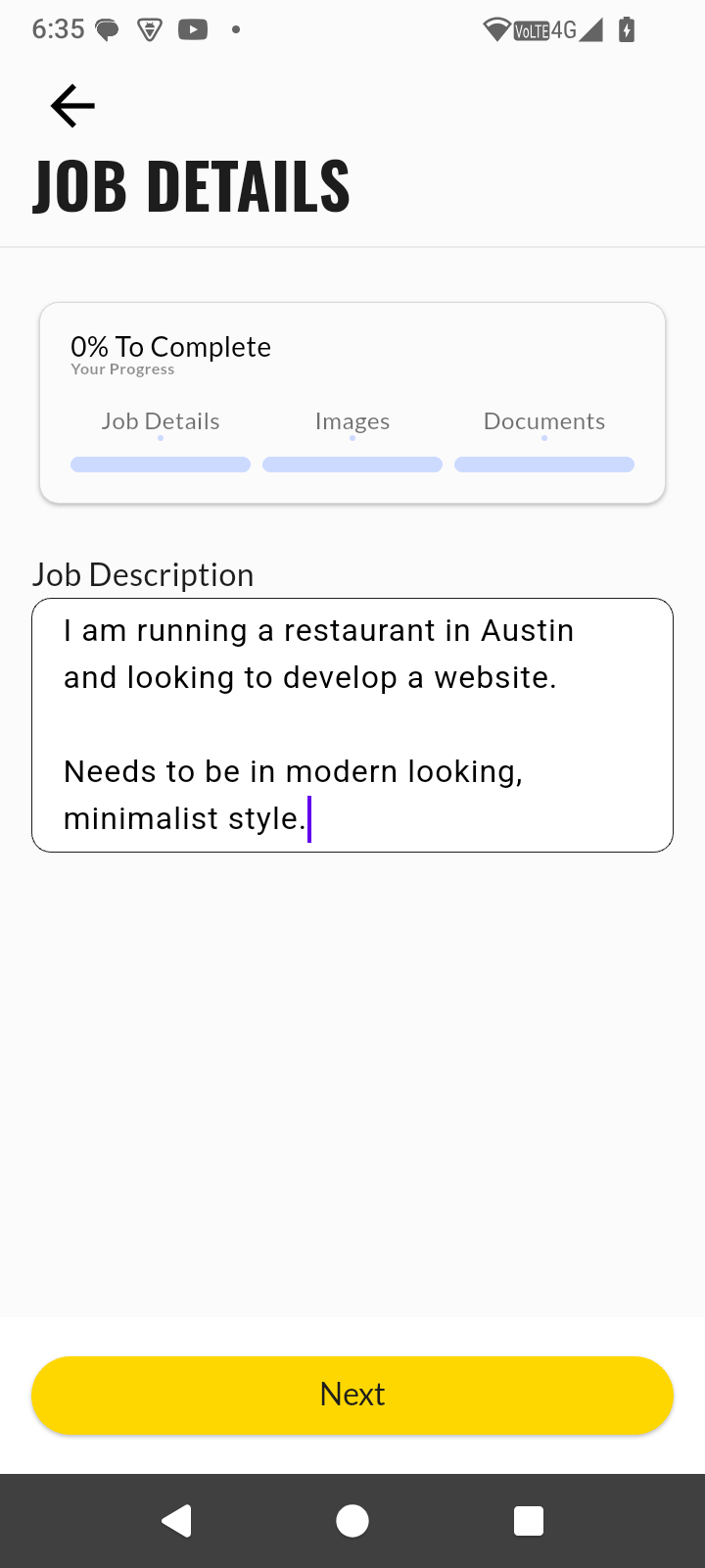 Peresia app job creation screen
