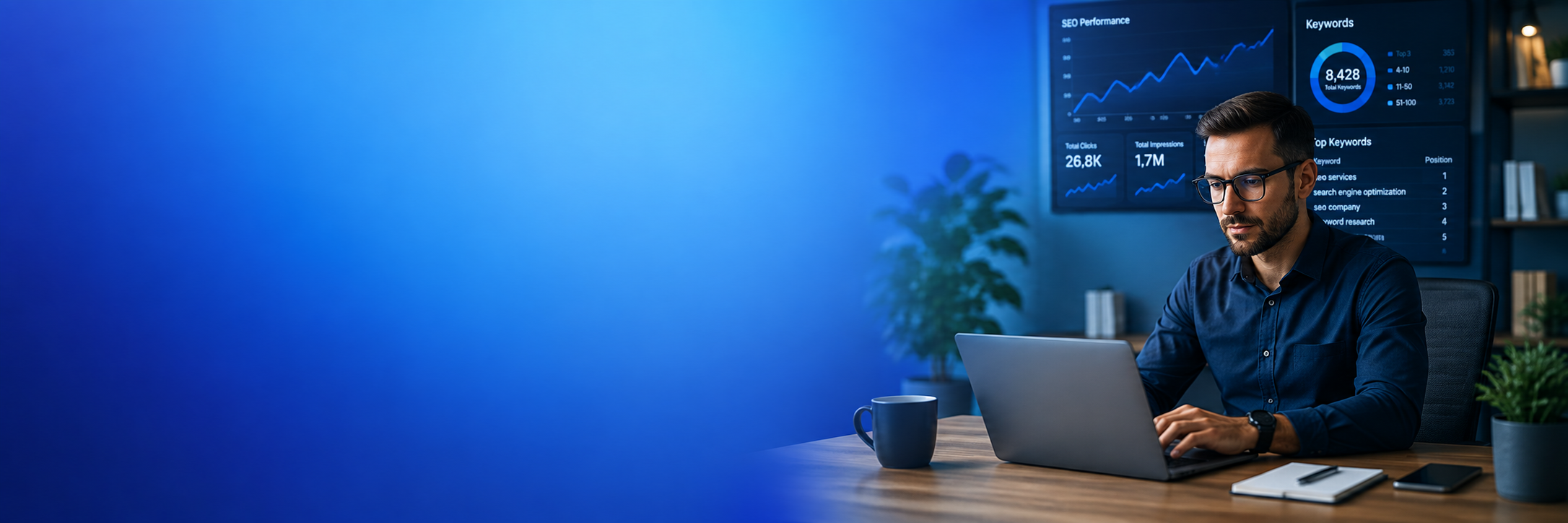 SEO specialist analyzing search growth charts, blue-themed banner